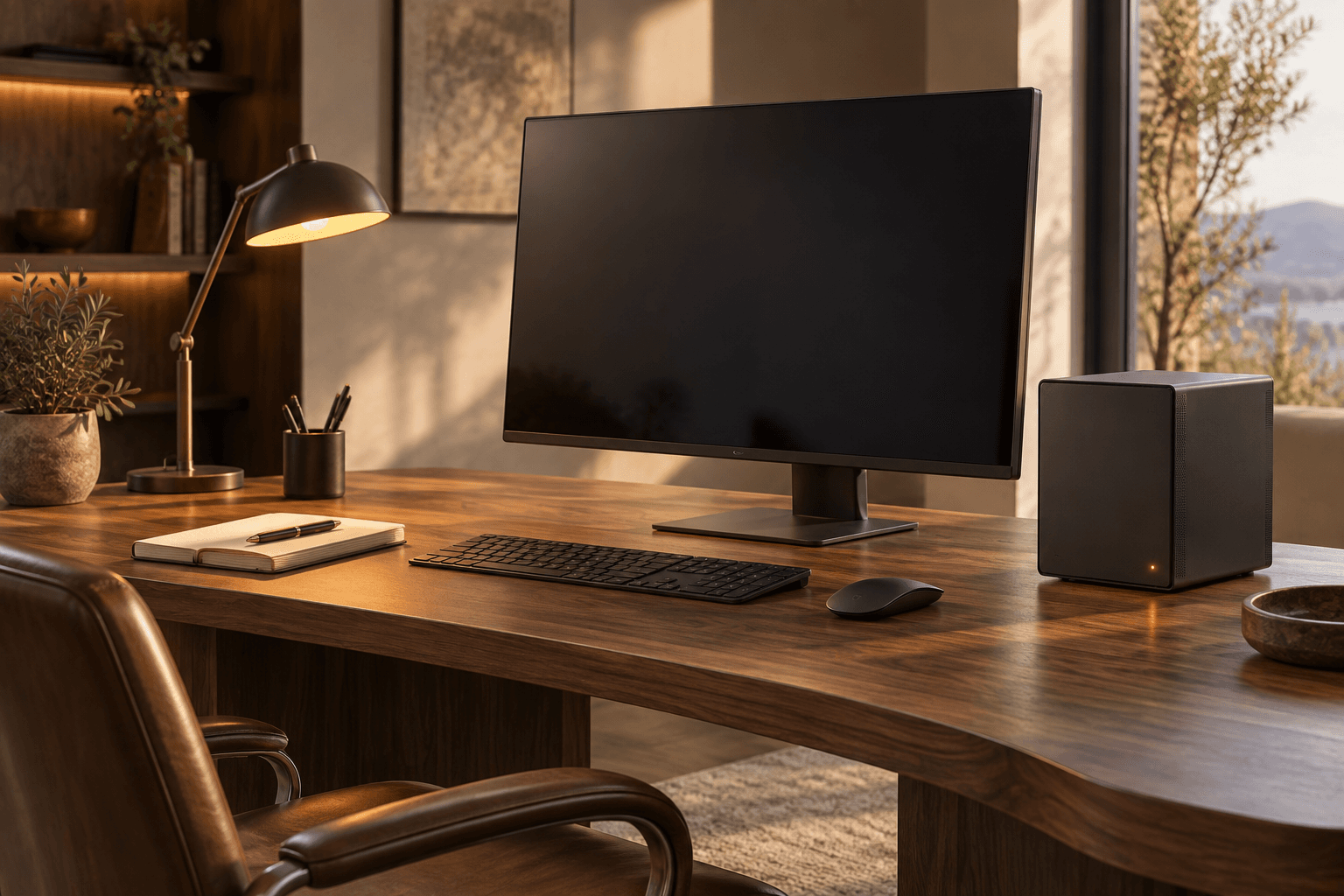 Illustrative workspace: a compact computer and monitor on a warmly lit walnut desk.